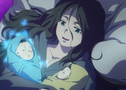 Rin et Yokio dans les bras de leur mère Yuri